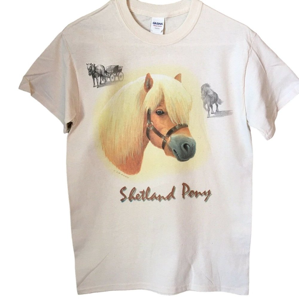 T Shirt Shetland Pony Horse Gildan Brand Size Unisex Small Natural NEW NWOT S
